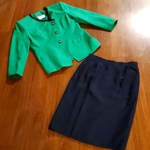 Kasper A.S.L. Petite Women's Green/Navy Blue Blazer Suit & Skirt - Size 10P